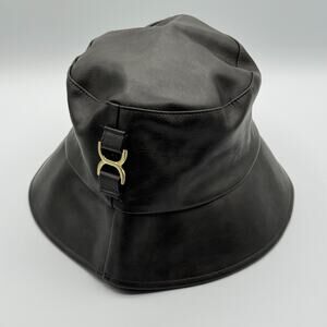 BCBG Max Azria Bucket Hat Dark Brown OS Faux Leather Gold Accent Hip-Hop Y2K